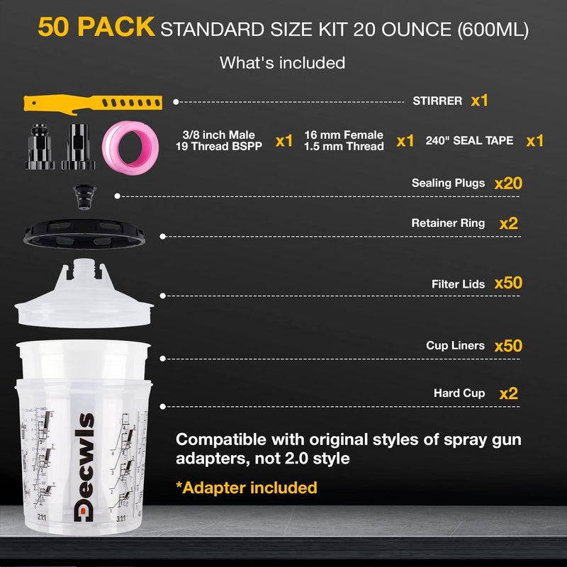 Decwls Store Disposable Paint Cup System 20 Ounce (600ml) Kit - 50 Pack Paint Cups with Lids, 2 Hard Cup with Retainer Ring, 20 Plugs, 2 Cup Adapter, PTFE Tape, Paint Stirrer for Automotive Paint Gun - Image 2